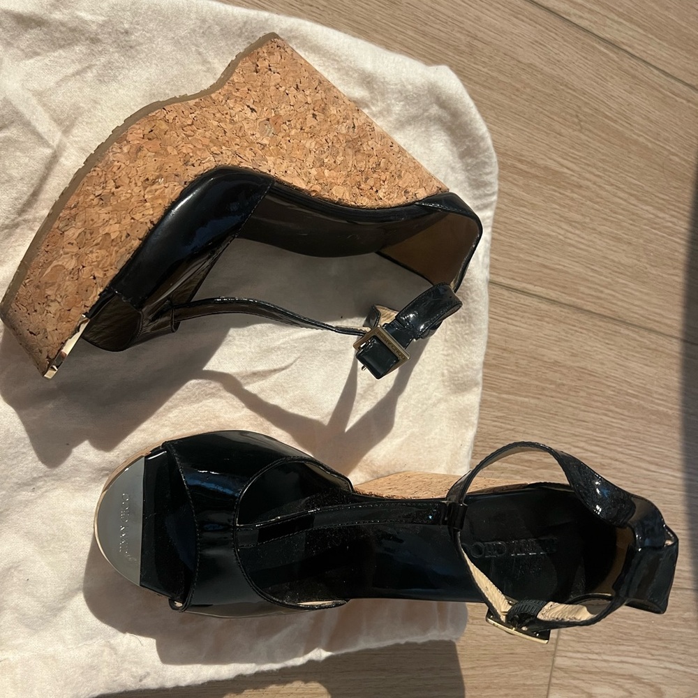 Jimmy Choo Black Patent Cork Wedge Sandals with Ankle Strap 38